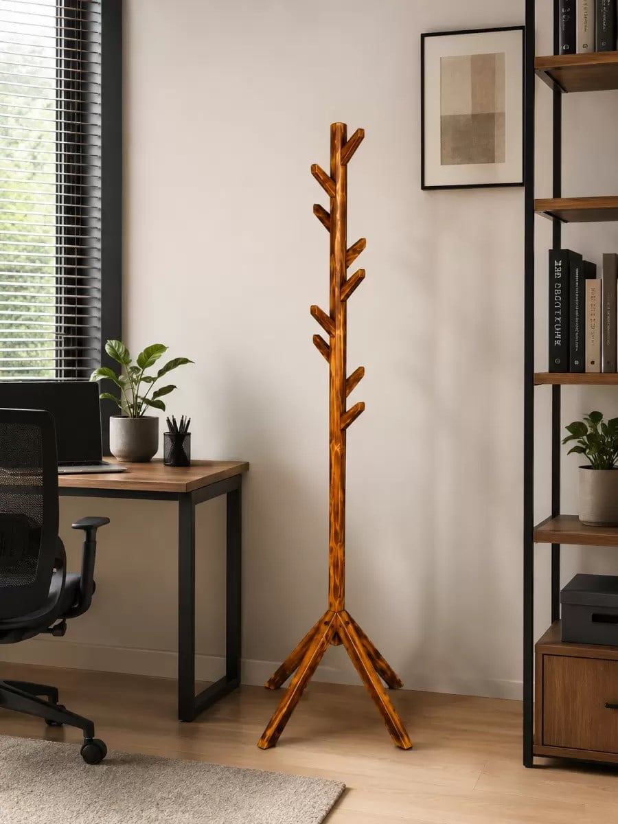 Masif Çam Ahşap Ayaklı Askılık ? Ceviz Renk 180 Cm Ekstra Boy 8 Kollu Portmanto