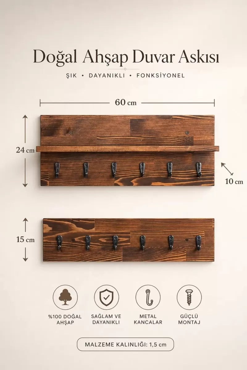 Masif Duvar Askılığı Raflı 60 cm ? 12 Kancalı Anahtarlık & Portmanto ? Rustik Duvar