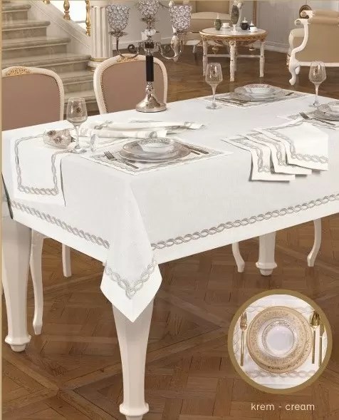 Matilda Amerikan Servisli Krem-Gümüşsimli 10 Parça 160 × 260 cm Masa Takımı