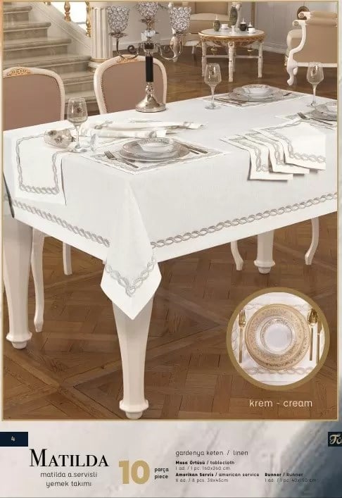 Matilda Amerikan Servisli Yemek Takımı Masa Seti 8 Kişilik 10 Parça Supla Runner Set 160 × 260 cm