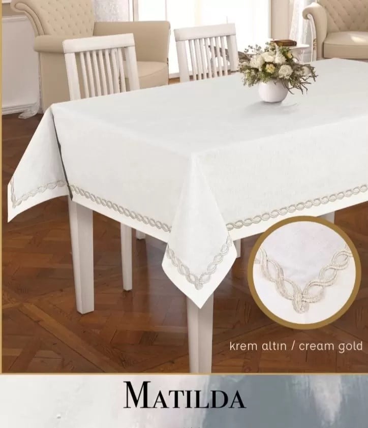 Matilda Krem-Gold 155x220 cm Keten Masa Örtüsü Yemek Masası Örtüsü Tablecloth Modern