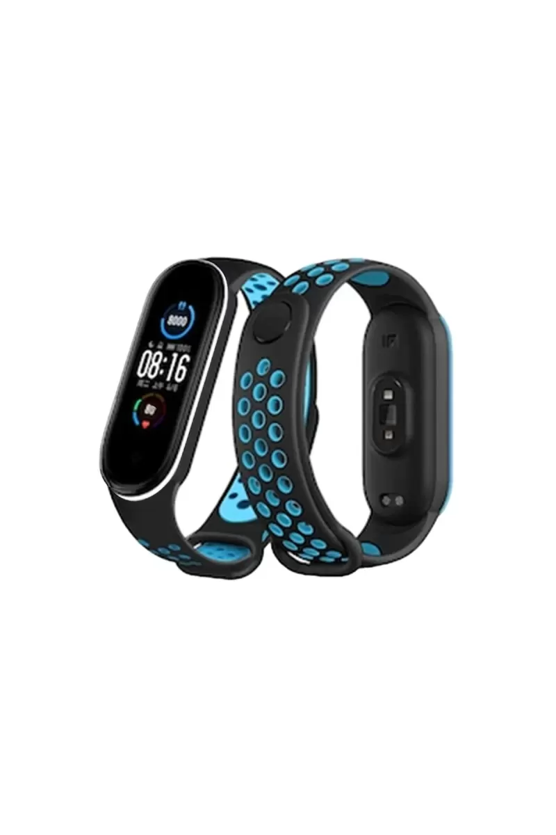 Mi Band 6 Spor Delikli Kordon - Siyah-Mavi-Beyaz