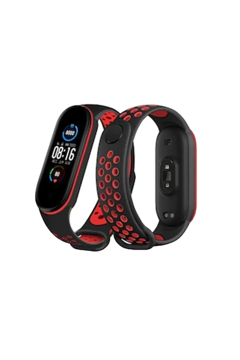 Mi Band 7 Spor Delikli Kordon - Siyah-Kırmızı