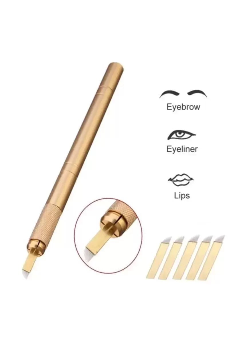 Microblading Kalemi Manuel Kalıcı Kaç Dudak Makyaj Altın Renk + 5 Adet 12 Pin Iğne