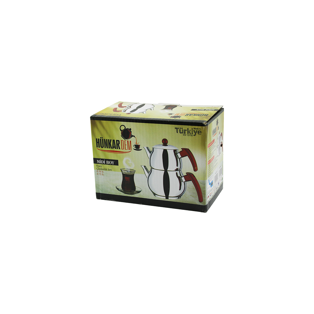 Midi Boy Çelik Çaydanlık Seti - Kendinden Süzgeçli Renkli Bakalit Kulplu (0.5L/0.75L)