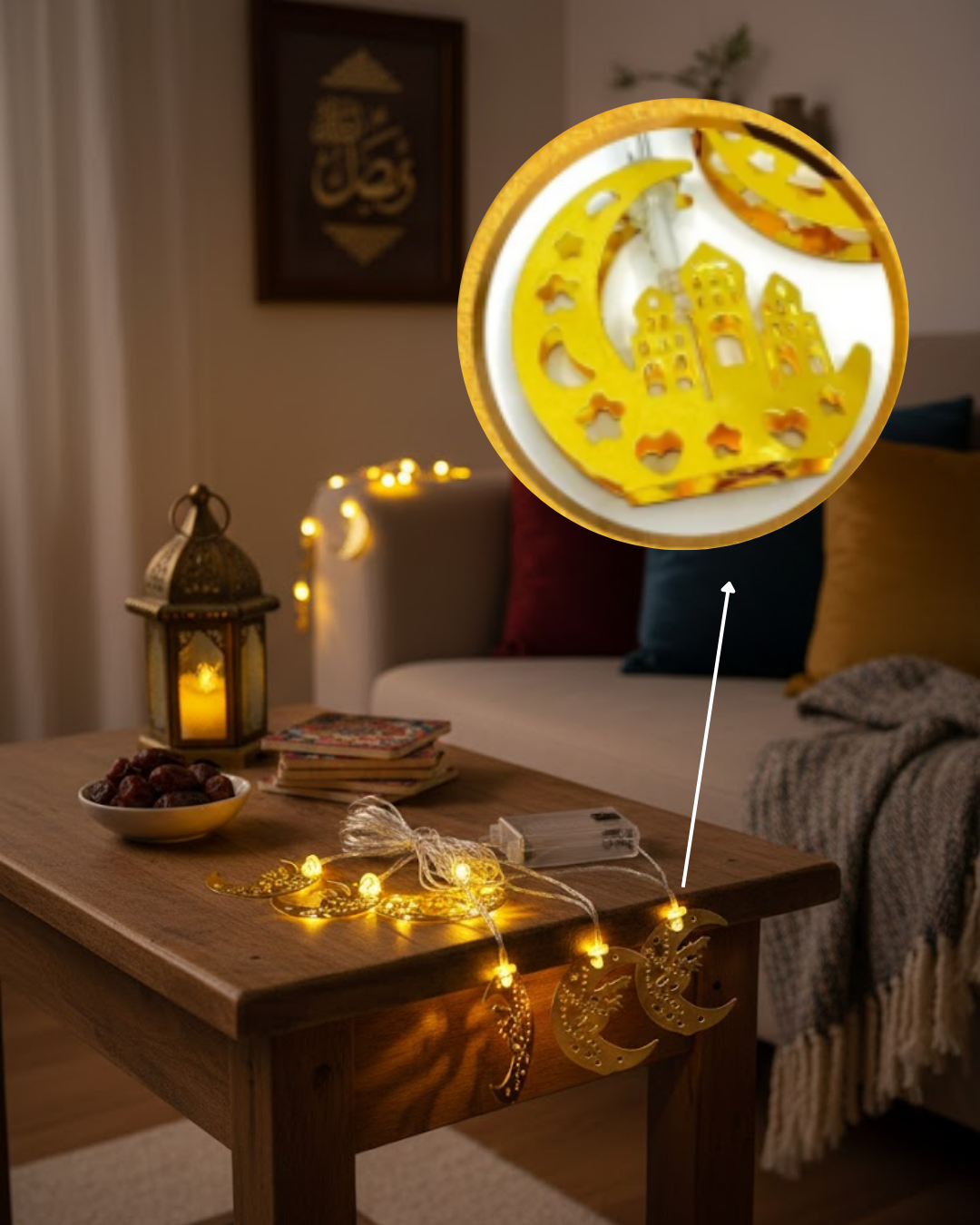 Minareli Hilal LED Işık Gold Metal Gövdeli Pilli Ramazan Dekoru