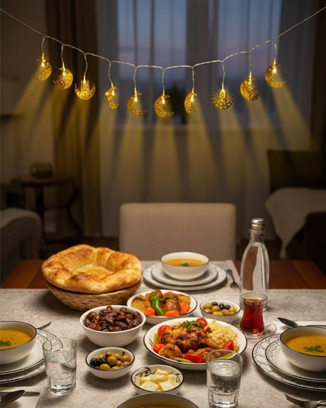 Minareli Hilal LED Işık Gold Metal Gövdeli Pilli Ramazan Dekoru
