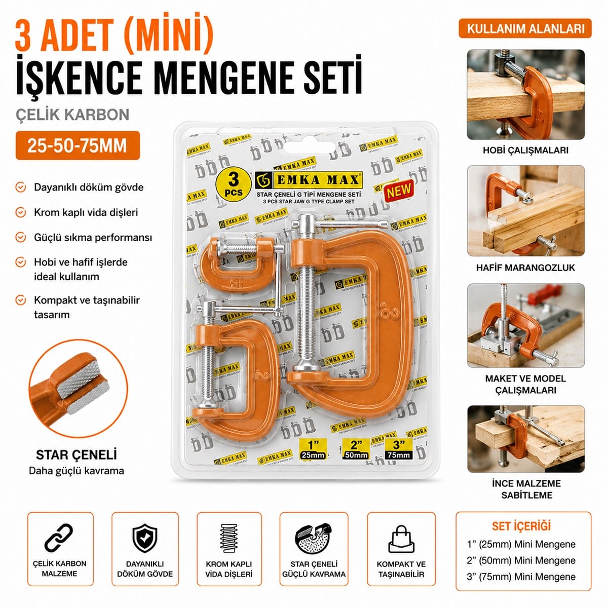 Mini Mengene Seti 3lü (25-50-75 mm) Karbon Çelik