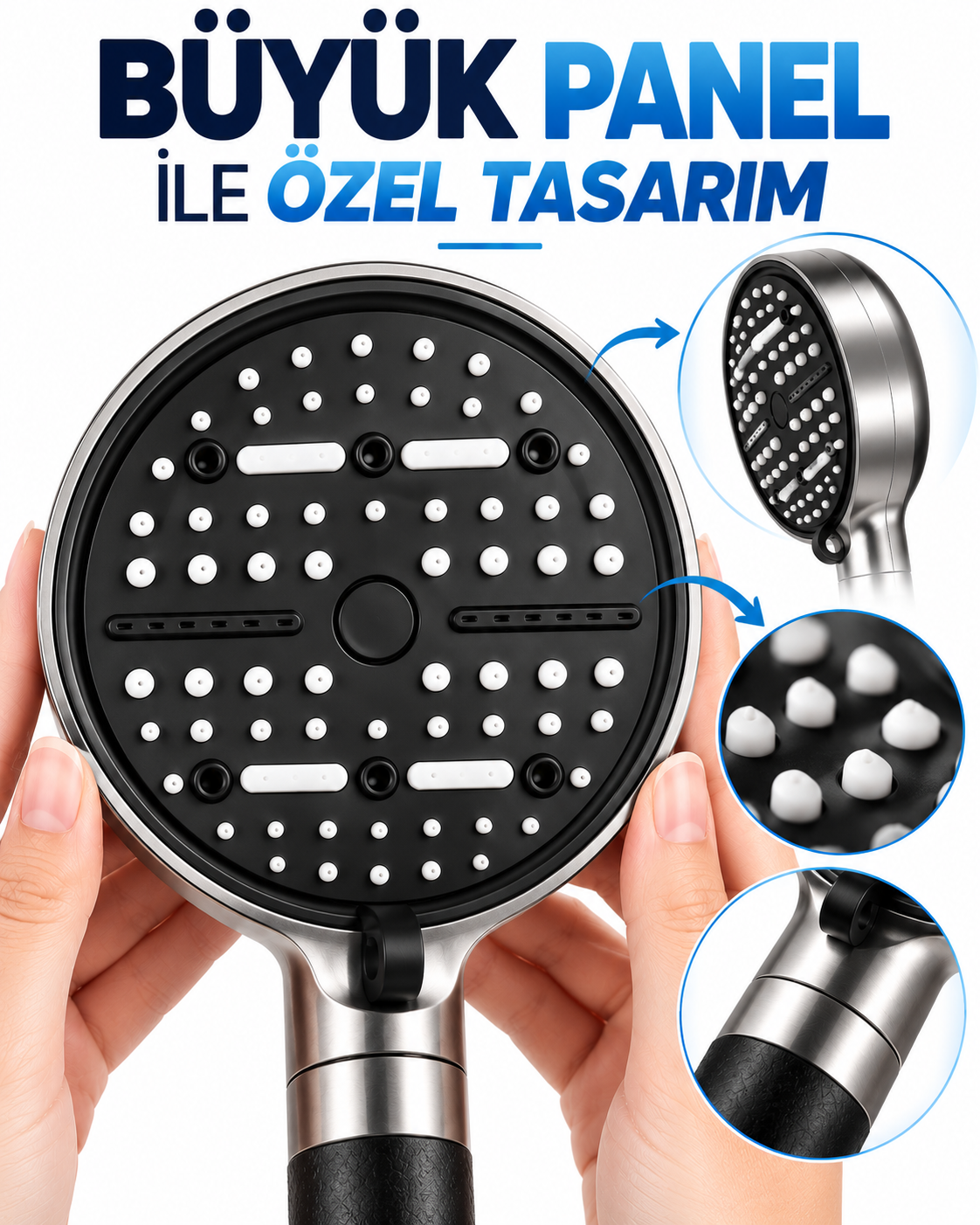 Modern Tasarımlı 6 Modlu Filtreli Duş Başlığı Büyük Panel Metalik Siyah Duş Aparatı