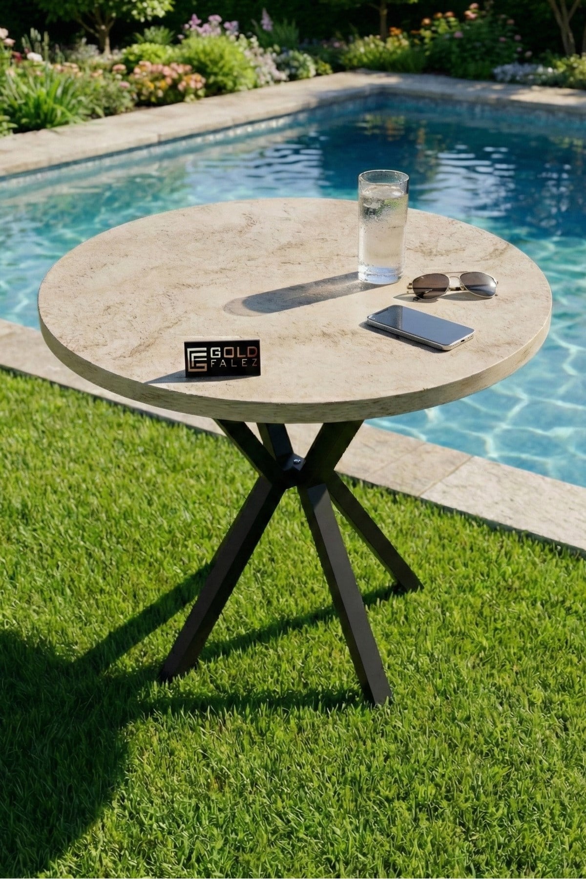 Mutfak Masası 90 cm Yuvarlak Masa Modern Metal Ayaklı Cafe Balkon Ofis Yemek Masası 9826 Traverten