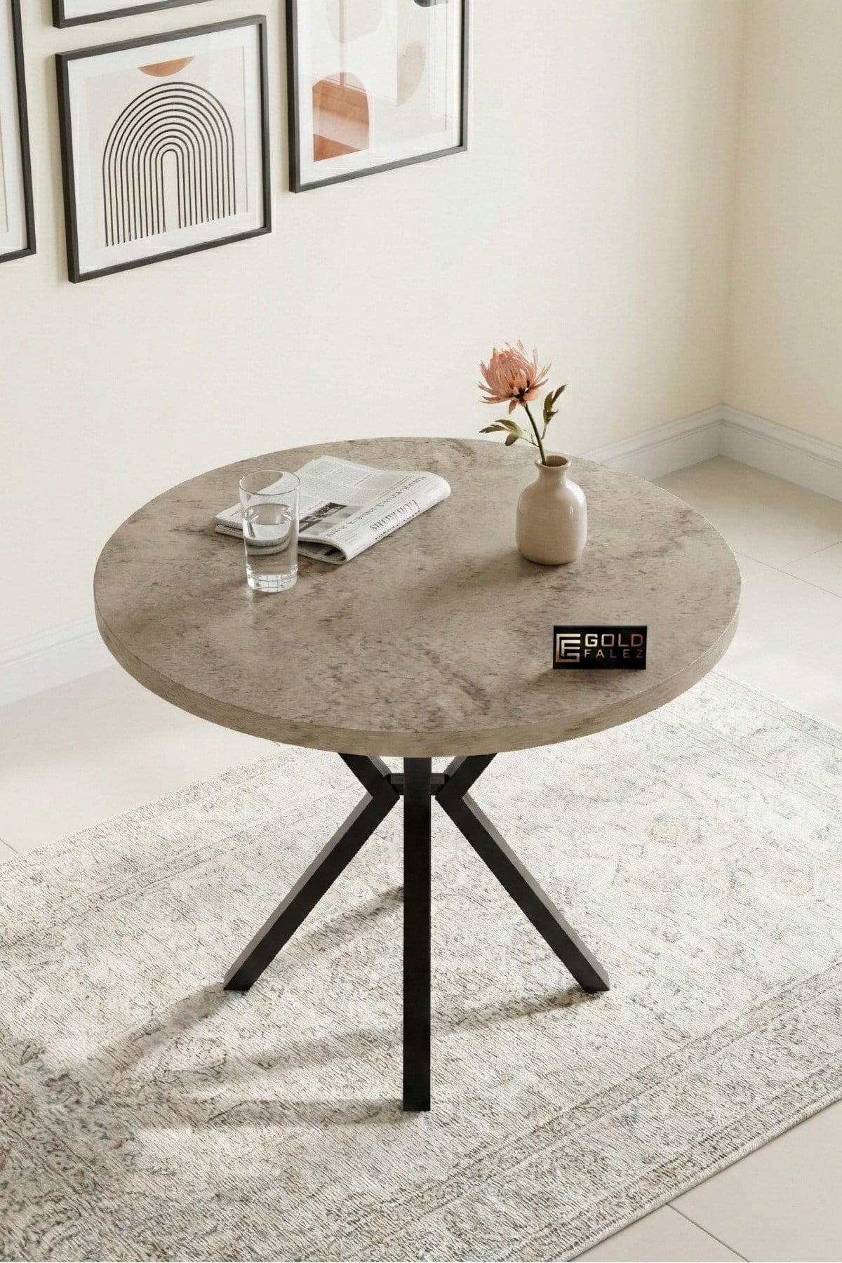 Mutfak Masası 90 cm Yuvarlak Masa Modern Metal Ayaklı Cafe Balkon Ofis Yemek Masası 9826 Traverten