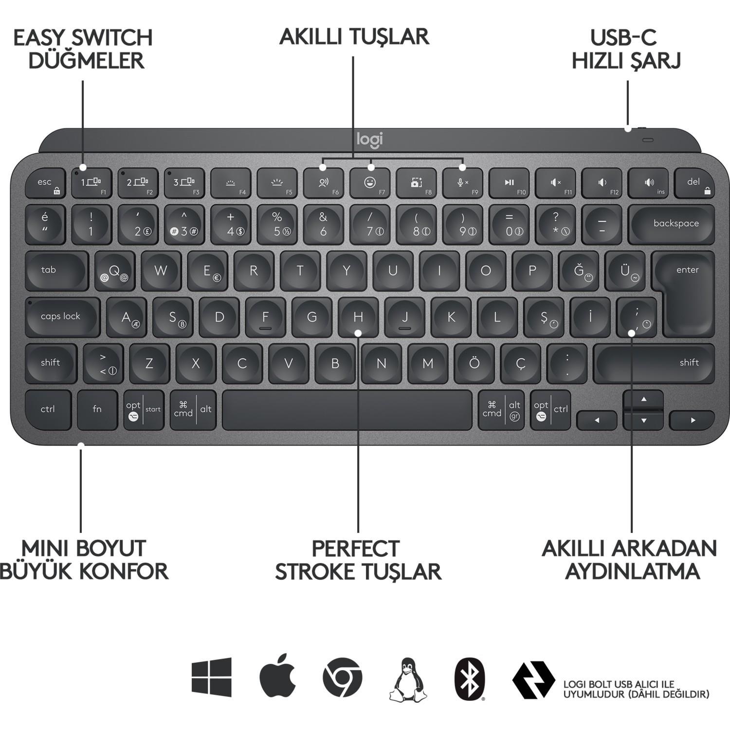 MX KEYS MINI MINIMALIST KABLOSUZ BLUETOOTH AYDINLATMALI Q TR KLAVYE SİYAH 920-010504