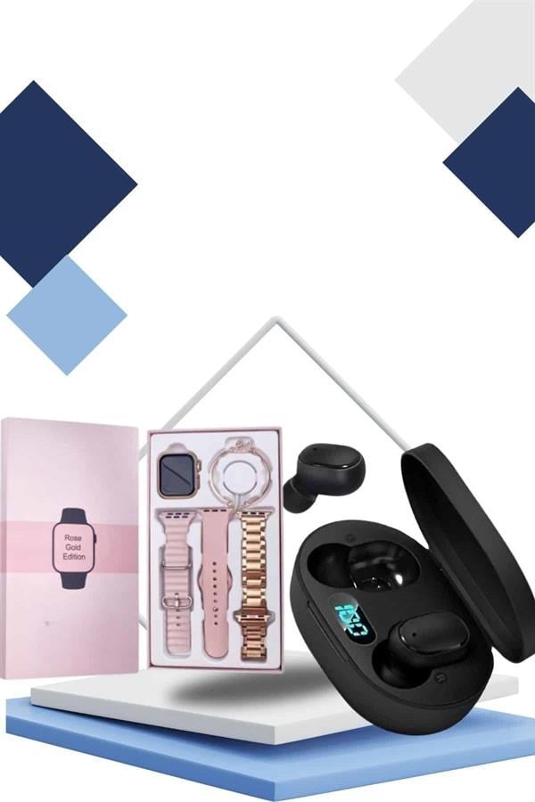 Nabız Ölçer Hediye Bileklikli Akıllı Saat ve Dijital Göstergeli Bluetooth Kulaklık Çoklu Şarj Girişi