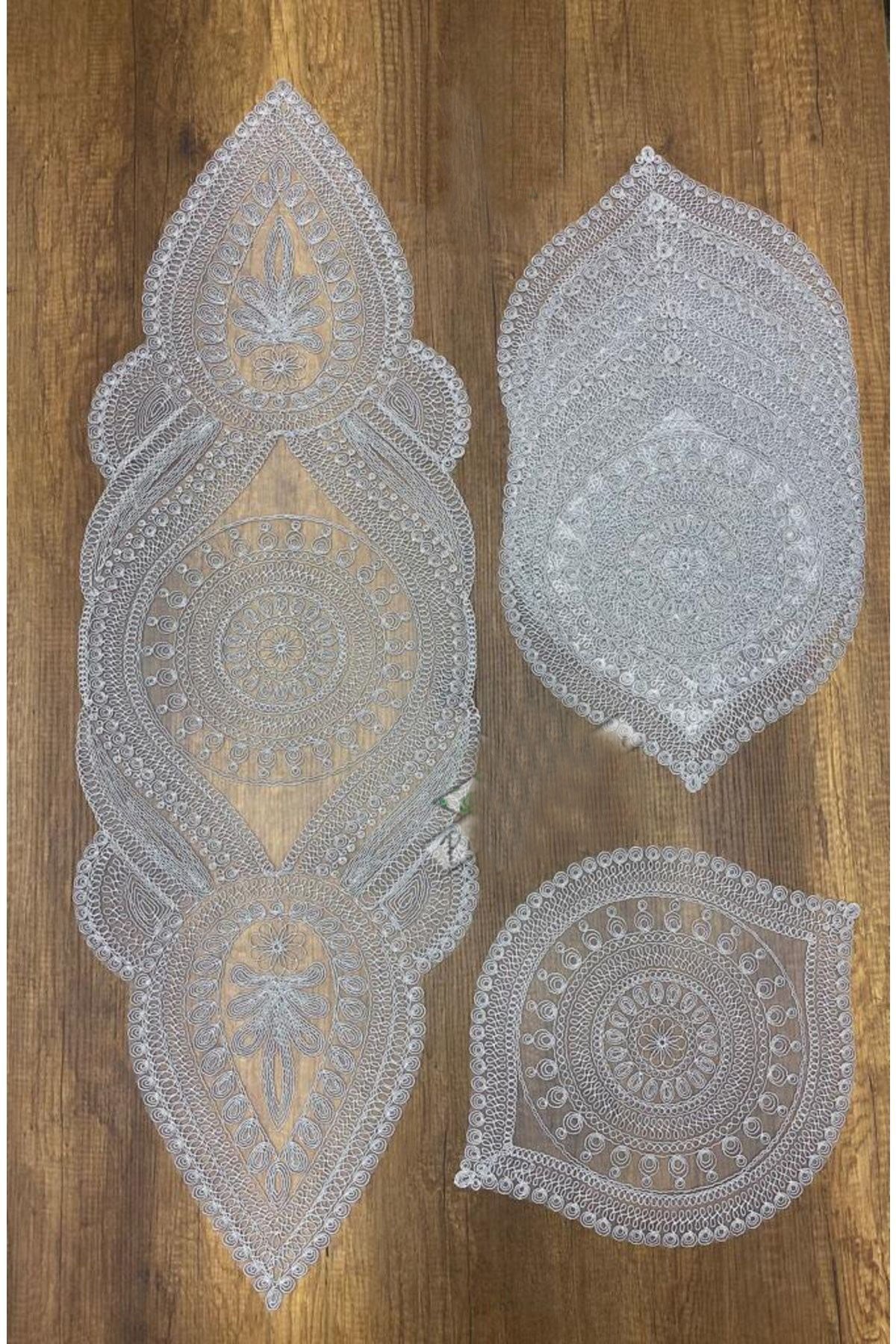 Nakışlı Supla Runner Seti Modern Amerikan Servis Takımı 6 Kişilik Set Gri
