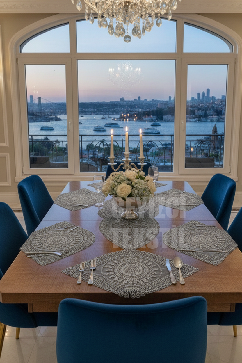 Nakışlı Supla Runner Seti Modern Amerikan Servis Takımı 6 Kişilik Set Gri