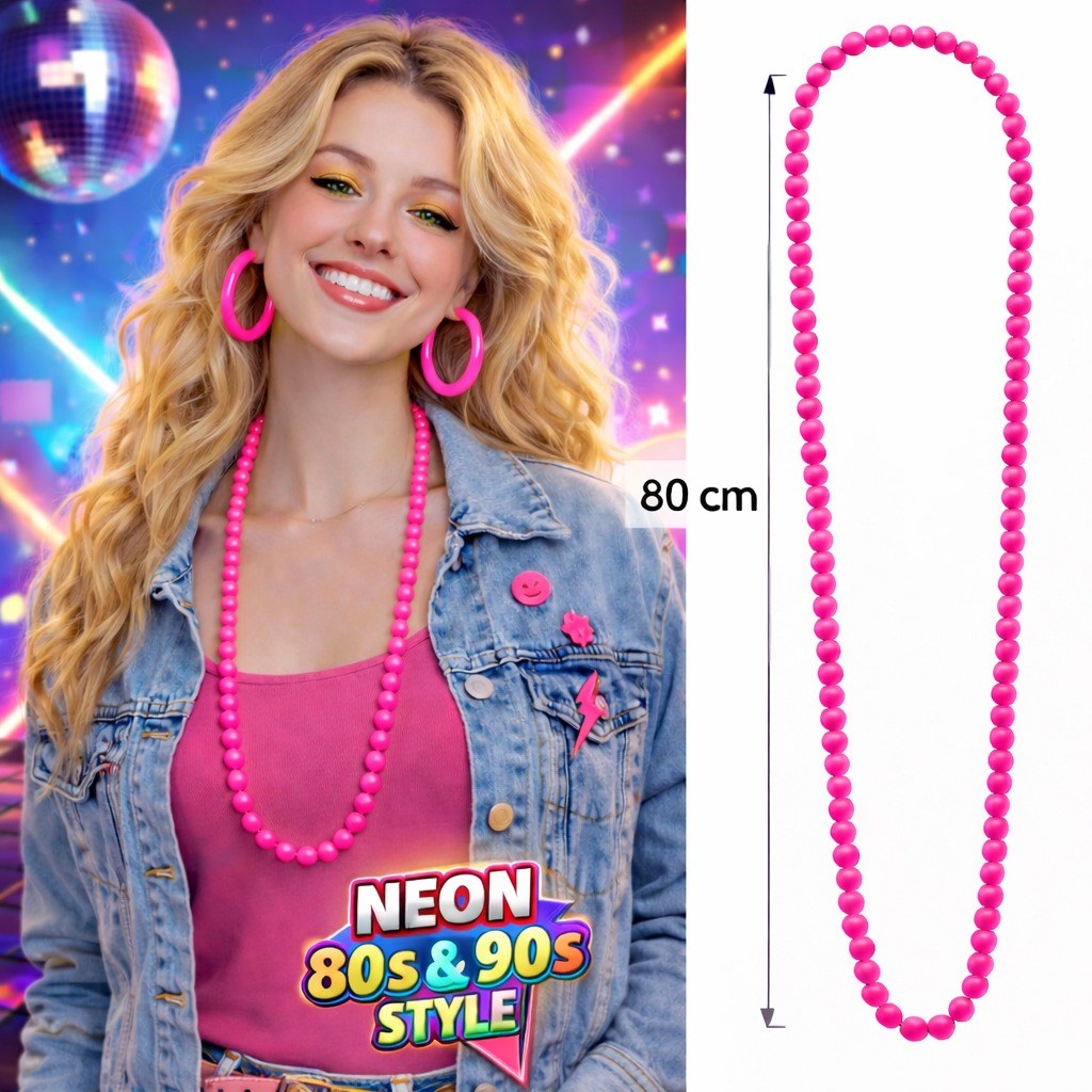 Neon Pembe Boncuk Kolye 80 cm – Retro 80’ler 90’lar Parti Aksesuarı