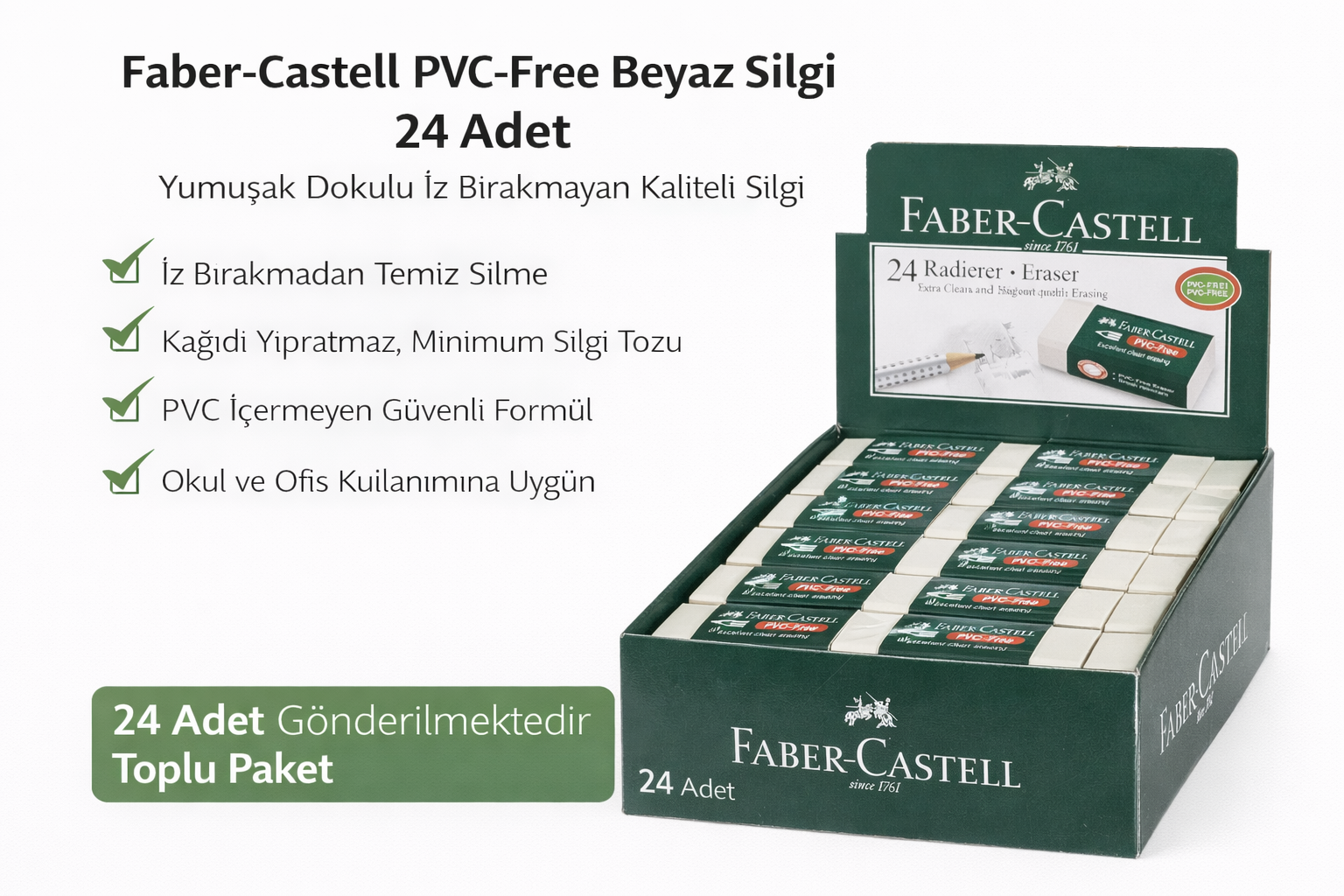 No24 PVC Free Beyaz Silgi 24 Adet Standlı Kutu İz Bırakmayan Yumuşak Okul Ofis Silgisi