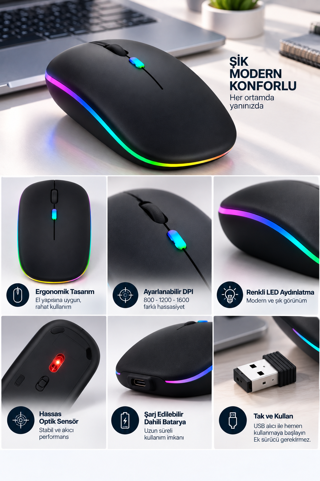 Ofis Ev Okul Kullanımına Uygun Şarjlı Kablosuz Mouse