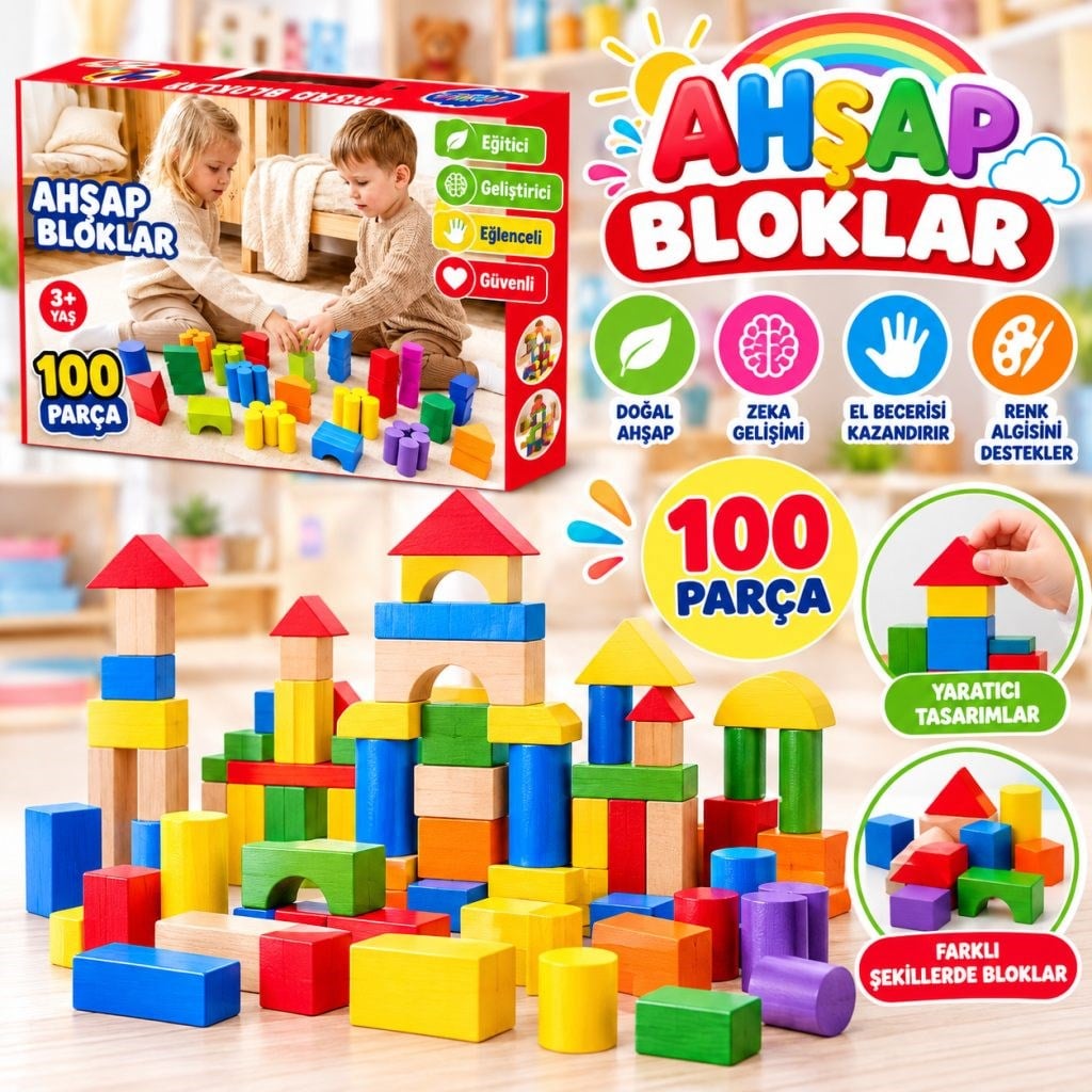Ony-417 Kutuda Ahşap 100 Parça Renkli Bloklar