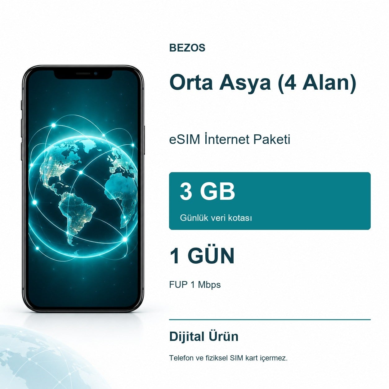 Orta Asya (4 Alan) eSIM İnternet Paketi Günlük 3 GB 1 Gün - FUP 1 Mbps