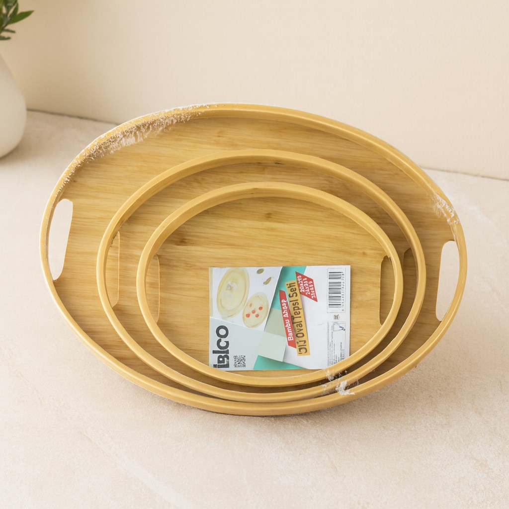 Oval Bambu Ahşap Tepsi Seti 3lü (20x29, 26x36, 31x45 cm)