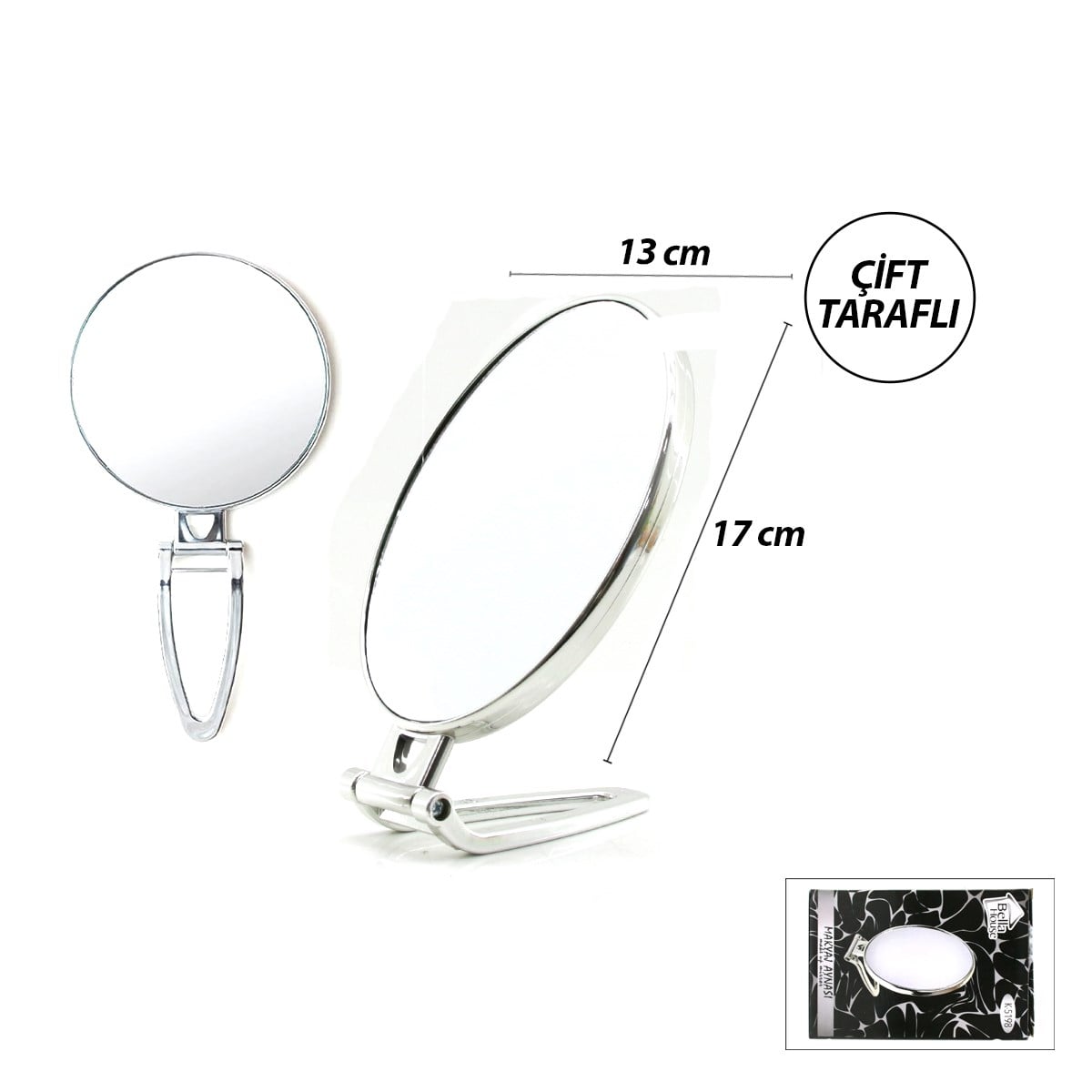 Oval Çift Taraflı Makyaj Aynası (16.5x13 cm) Katlanır Ayaklı Gümüş