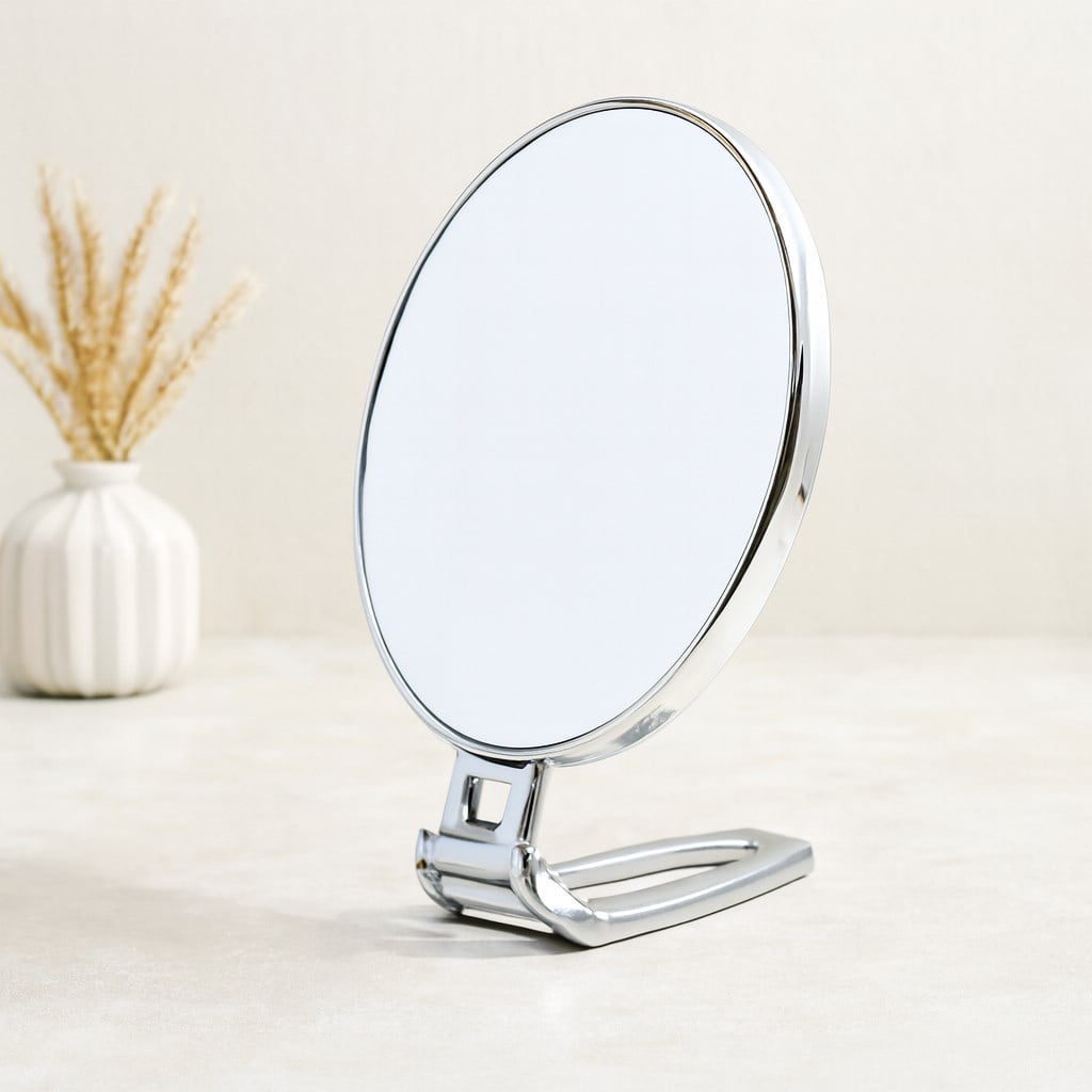 Oval Çift Taraflı Makyaj Aynası (16.5x13 cm) Katlanır Ayaklı Gümüş