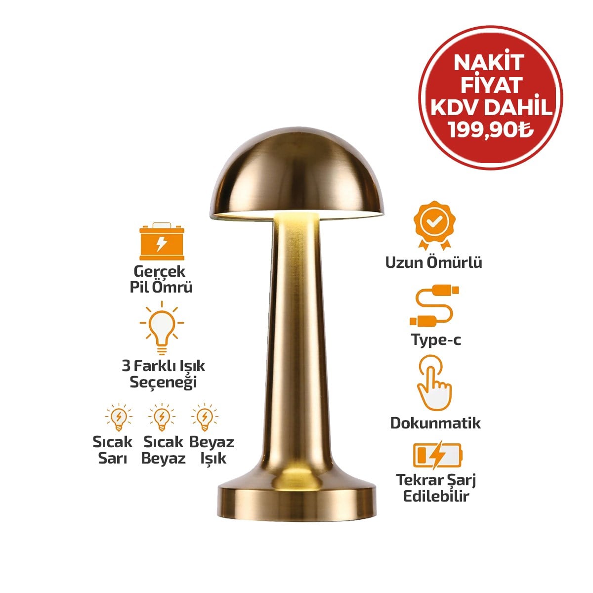 Oval Metal Mantar Masa Lambası - Dokunmatik Type-C 3 Mod