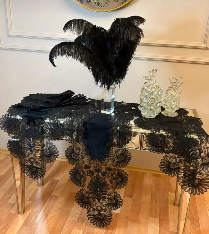 Palmiye Model Siyah Keten Masa Örtüsü Runner Seti Çeyizlik Salon Takımı 7 Parça Şık Tasarım