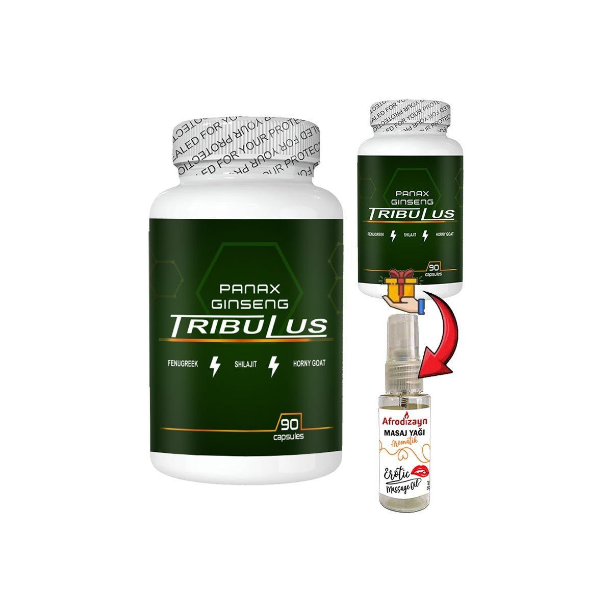 Panax 2 Kutu Panax Ginseng Tribuluslu Fenugreekli Shilajitli Hornygoatlı 90 lı Caps + Afrodizayn Yağ