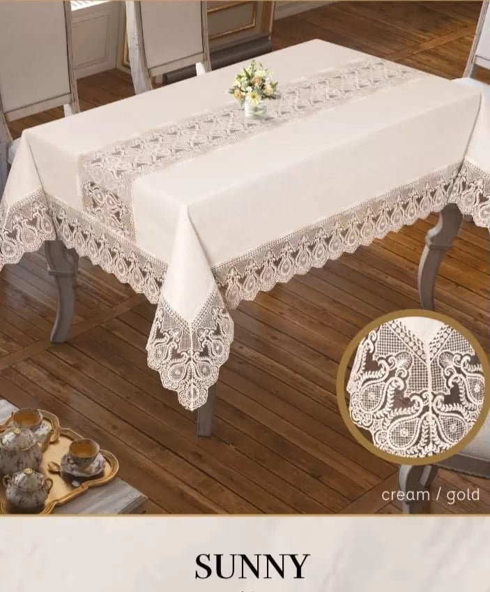 Parlak Keten Masa Örtüsü Tablecloth 160x220 cm Yemek Masası Örtüsü Sunny Model Krem-Gold