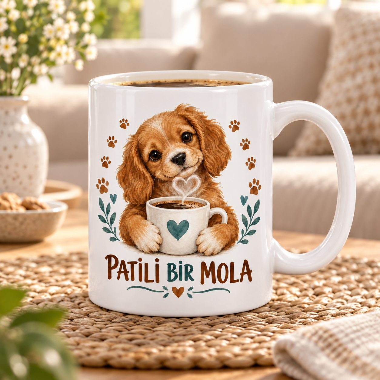 Patili Bir Mola Sevimli Köpek ve Kahve Tasarımlı Porselen Kupa - MODEL 267