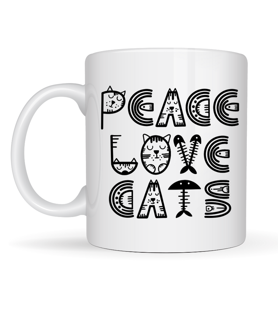 Peace Love Cats – Sevimli Kedi Desenli Porselen Kupa MODEL 60 Kahve & Çay Kupası