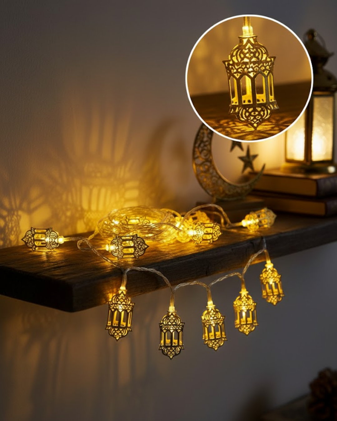 Pilli Altın Fenerli Ramazan Işıkları Dekoratif LED Zincir