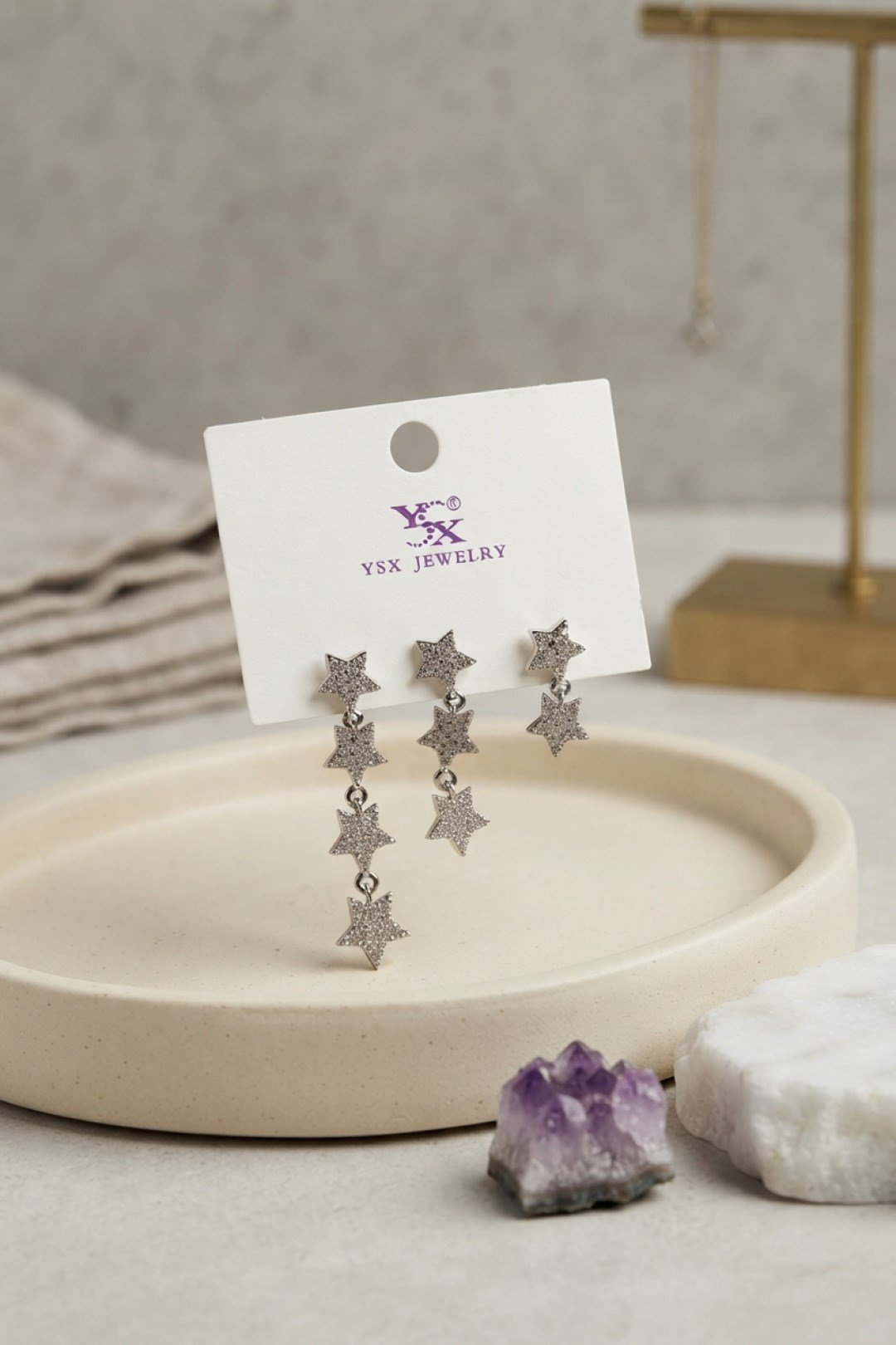 Pirinç Gümüş Renk Zirkon Taşlı Sallantılı Yıldız Model Kadın Küpe Seti