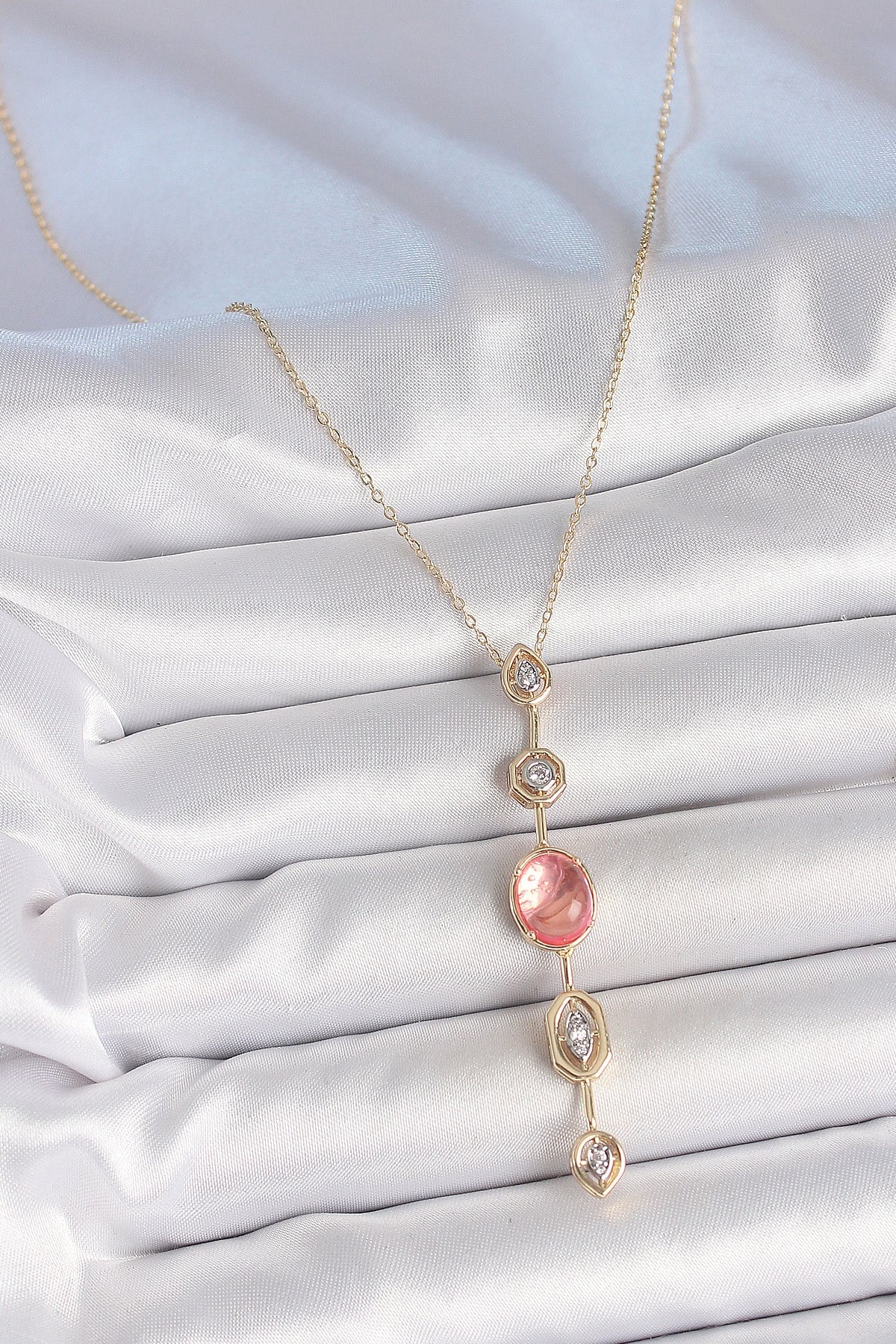 Pirinç Zincir Pembe Gold Renk Zirkon Taşlı Y Kolye