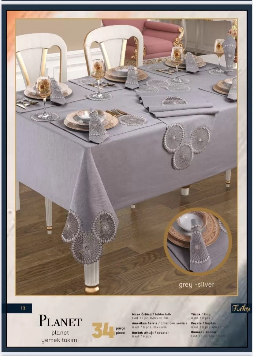 Planet Gri-Silver 8 Kişilik 34 Parça Amerikan Servisli Şık Modern 160 × 260 cm Masası
