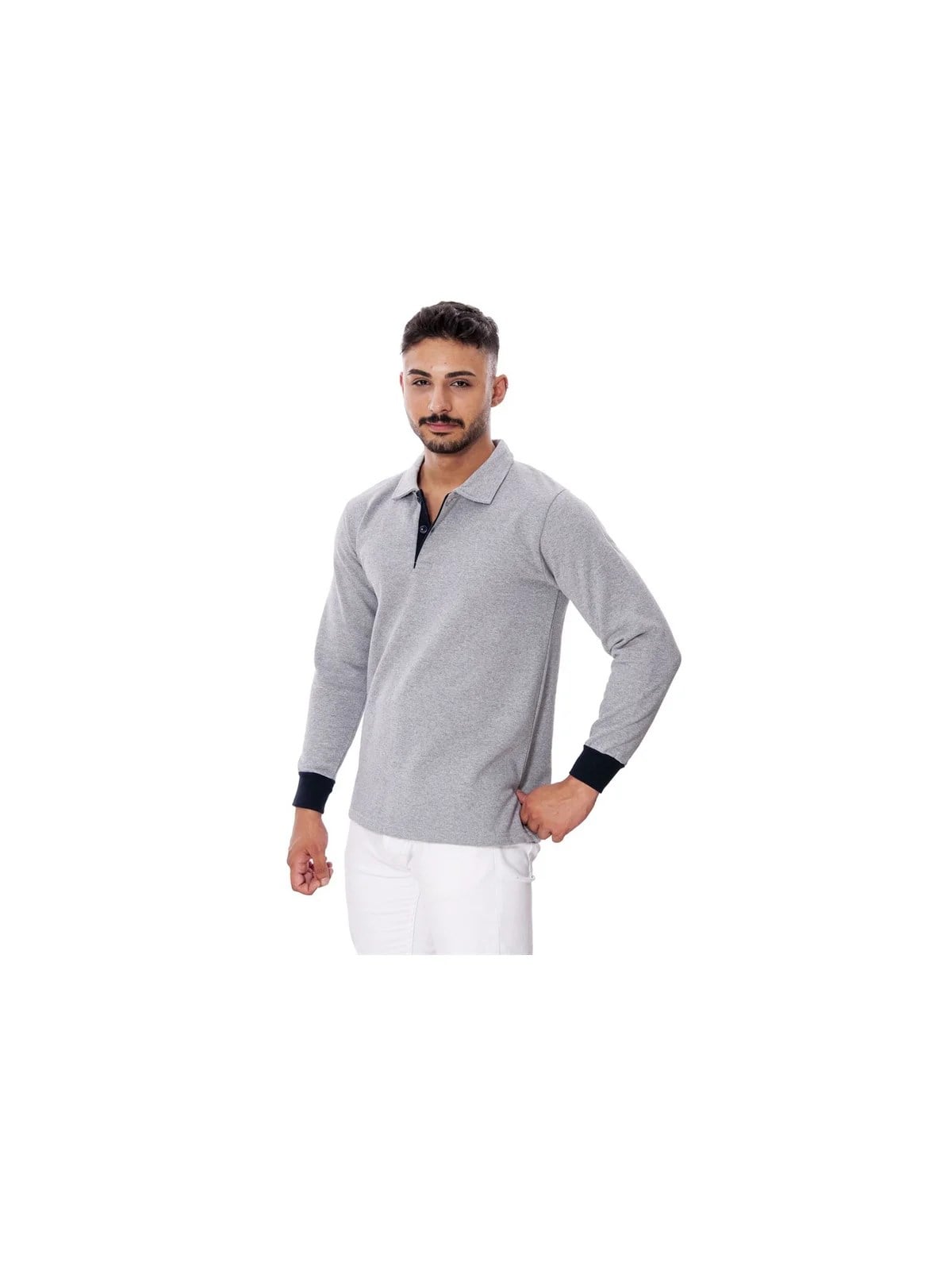 Polo Yaka İki İplik Uzun Kol Sweat Gri L