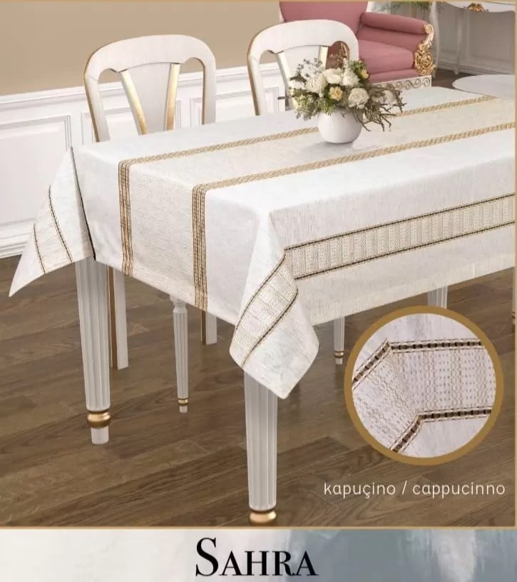 Polyester Ajurlu Keten Masa Örtüsü Tablecloth 160x260 cm Dantelli Yemek Masası Örtüsü Sahra Model Kapicino