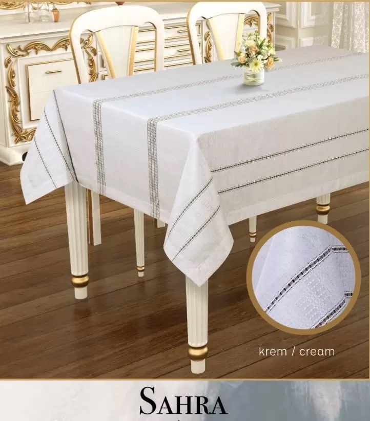 Polyester Ajurlu Keten Masa Örtüsü Tablecloth 160x260 cm Dantelli Yemek Masası Örtüsü Sahra Model Krem