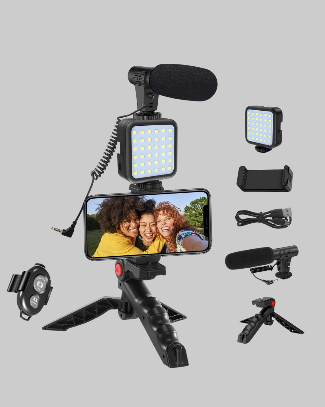 Profesyonel Vlog Çekim Kiti LED Işıklı Tripod Mikrofonlu Telefon Seti