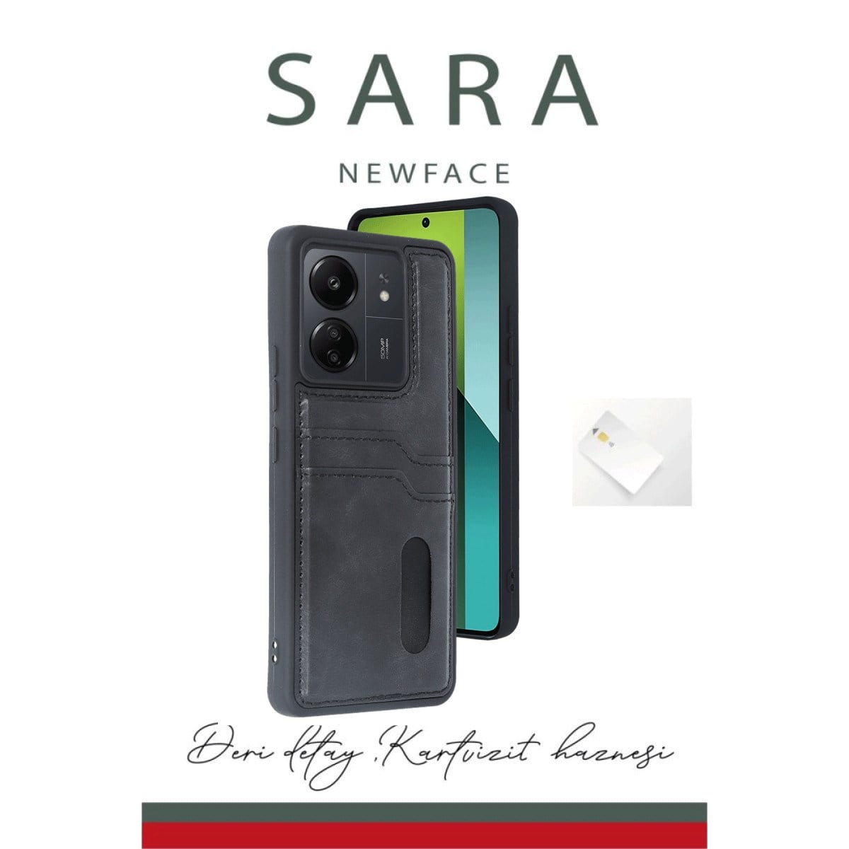 Redmi 13C Kılıf Sara Kartvizitli Deri Kılıf - Siyah