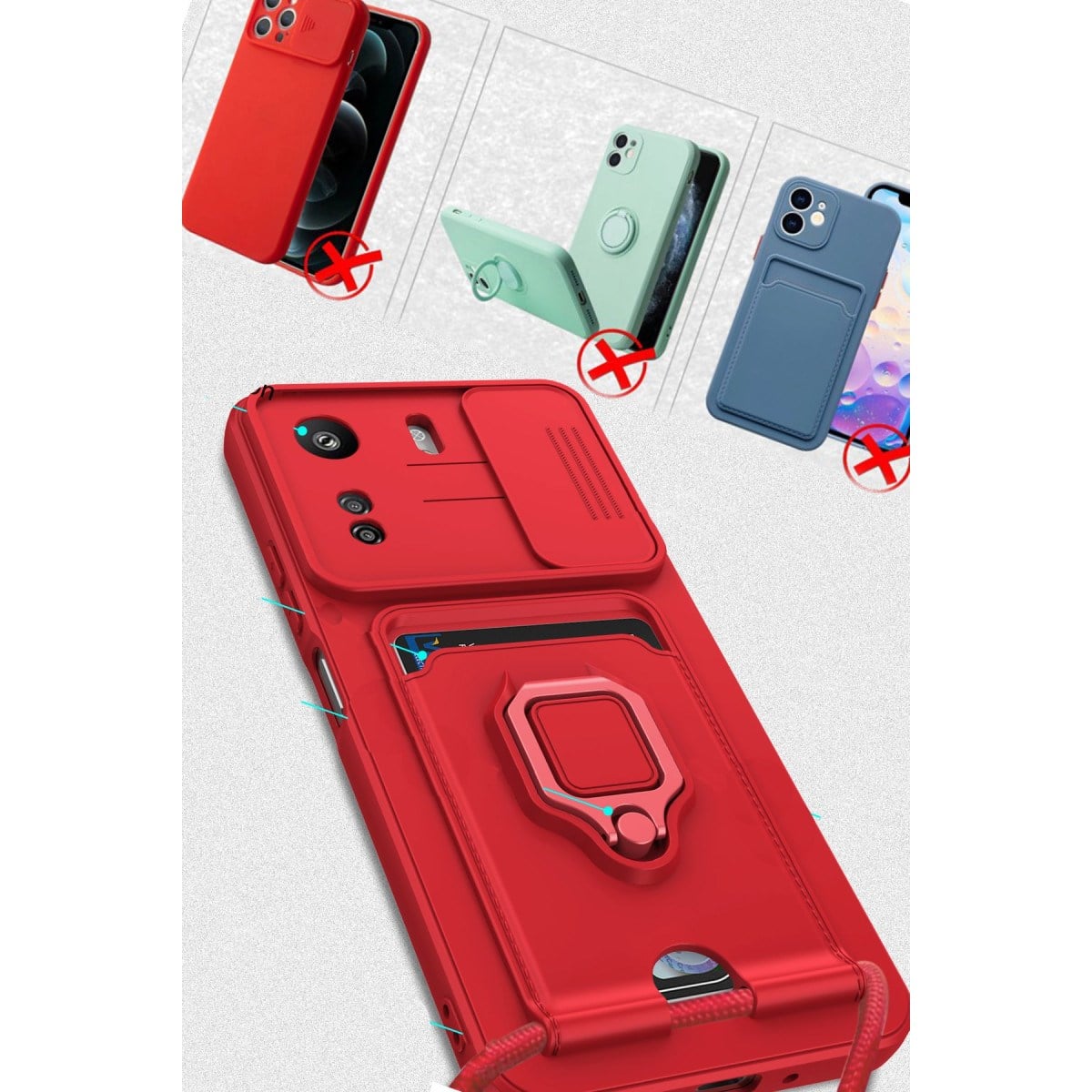 Redmi 13C Kılıf Zuma Kartvizitli Yüzüklü Silikon - Kırmızı