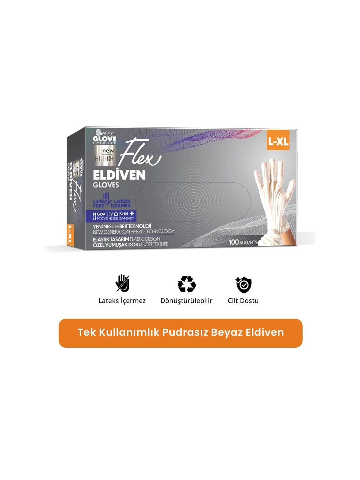REFLEX FLEX L/XL Beden Tek Kullanımlık Pudrasız Eldiven 100'lü Beyaz