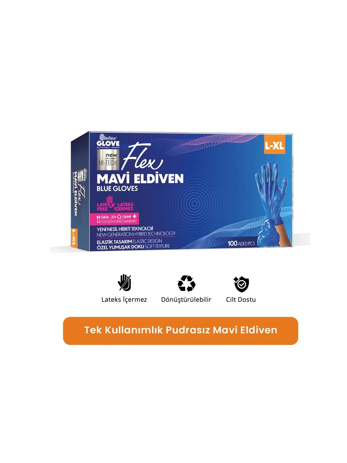 REFLEX FLEX L/XL Beden Tek Kullanımlık Pudrasız Eldiven 100'lü Mavi