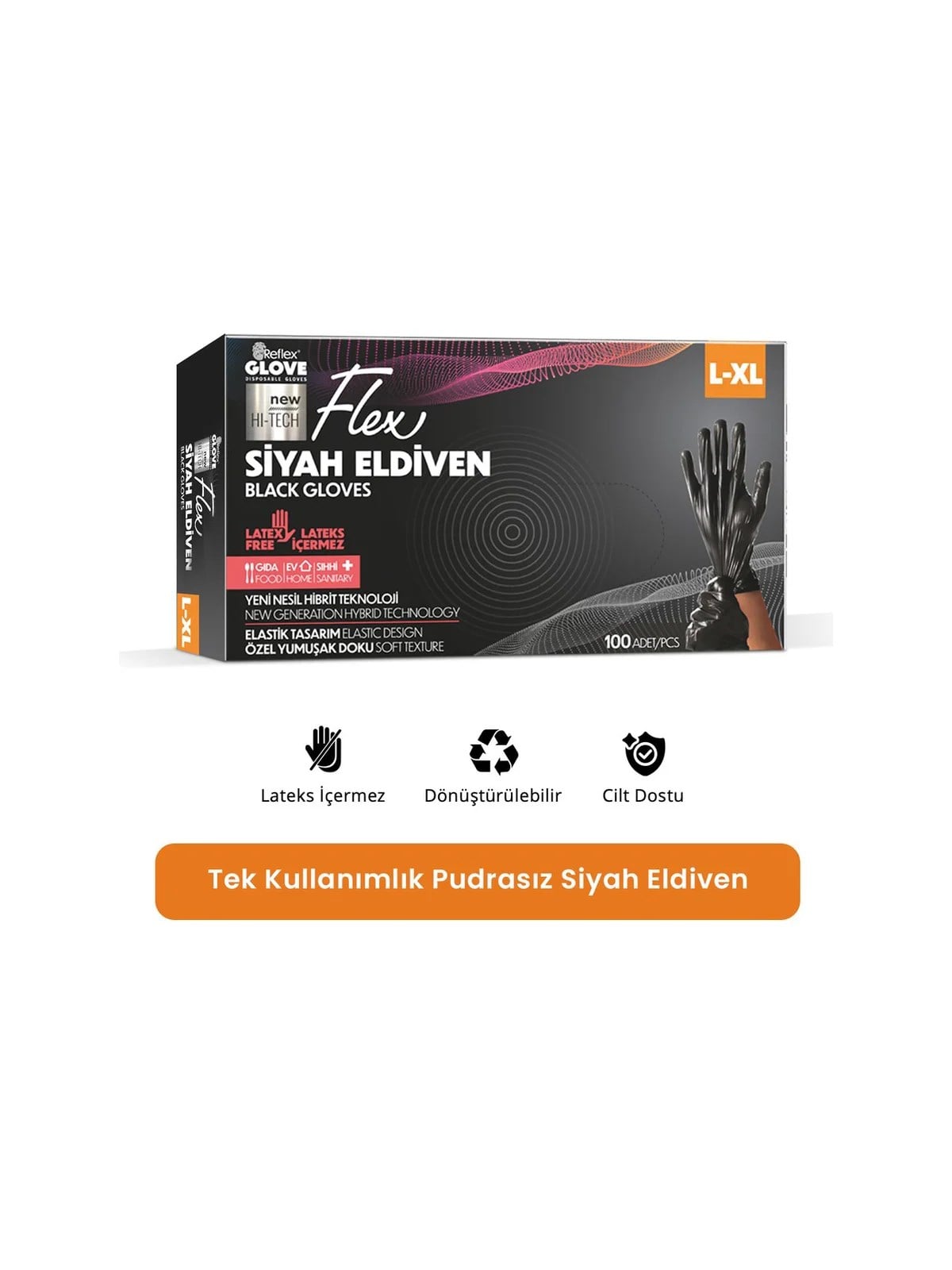 REFLEX FLEX L/XL Beden Tek Kullanımlık Pudrasız Eldiven 100'lü Siyah