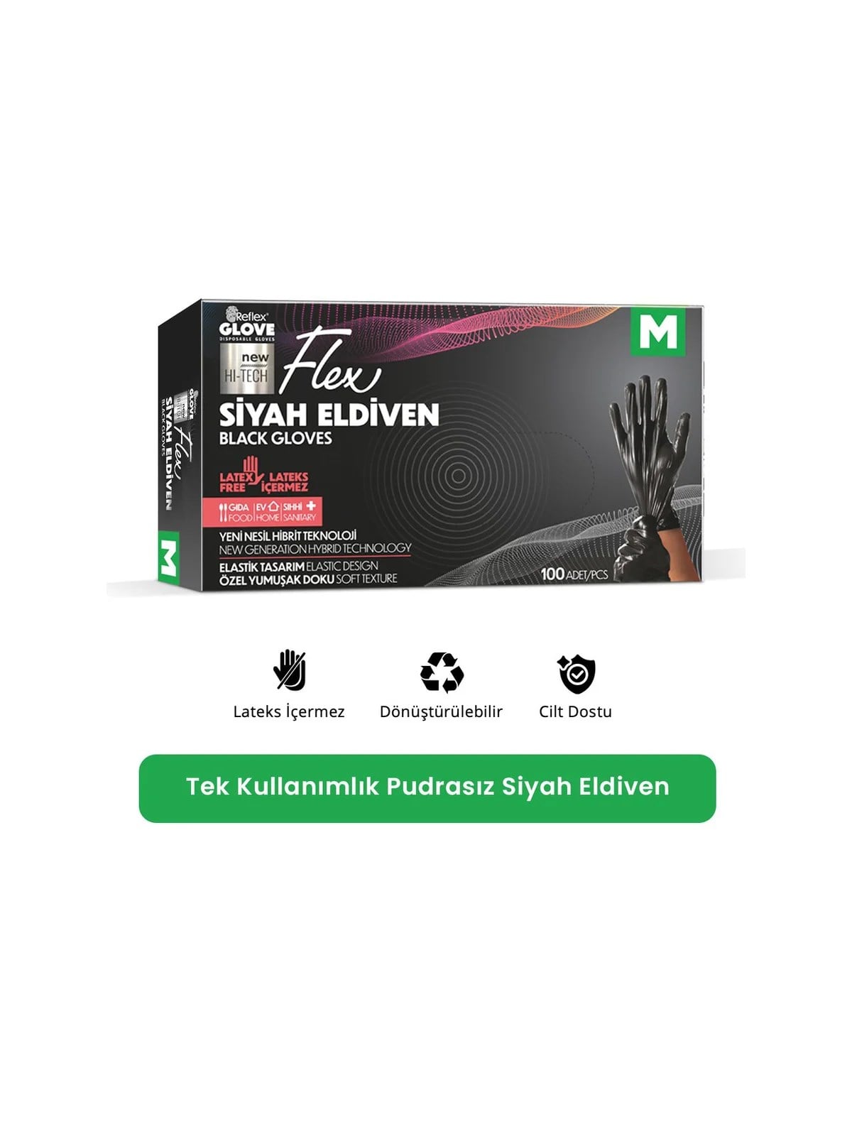 REFLEX FLEX M Beden Tek Kullanımlık Pudrasız Eldiven 100'lü Siyah