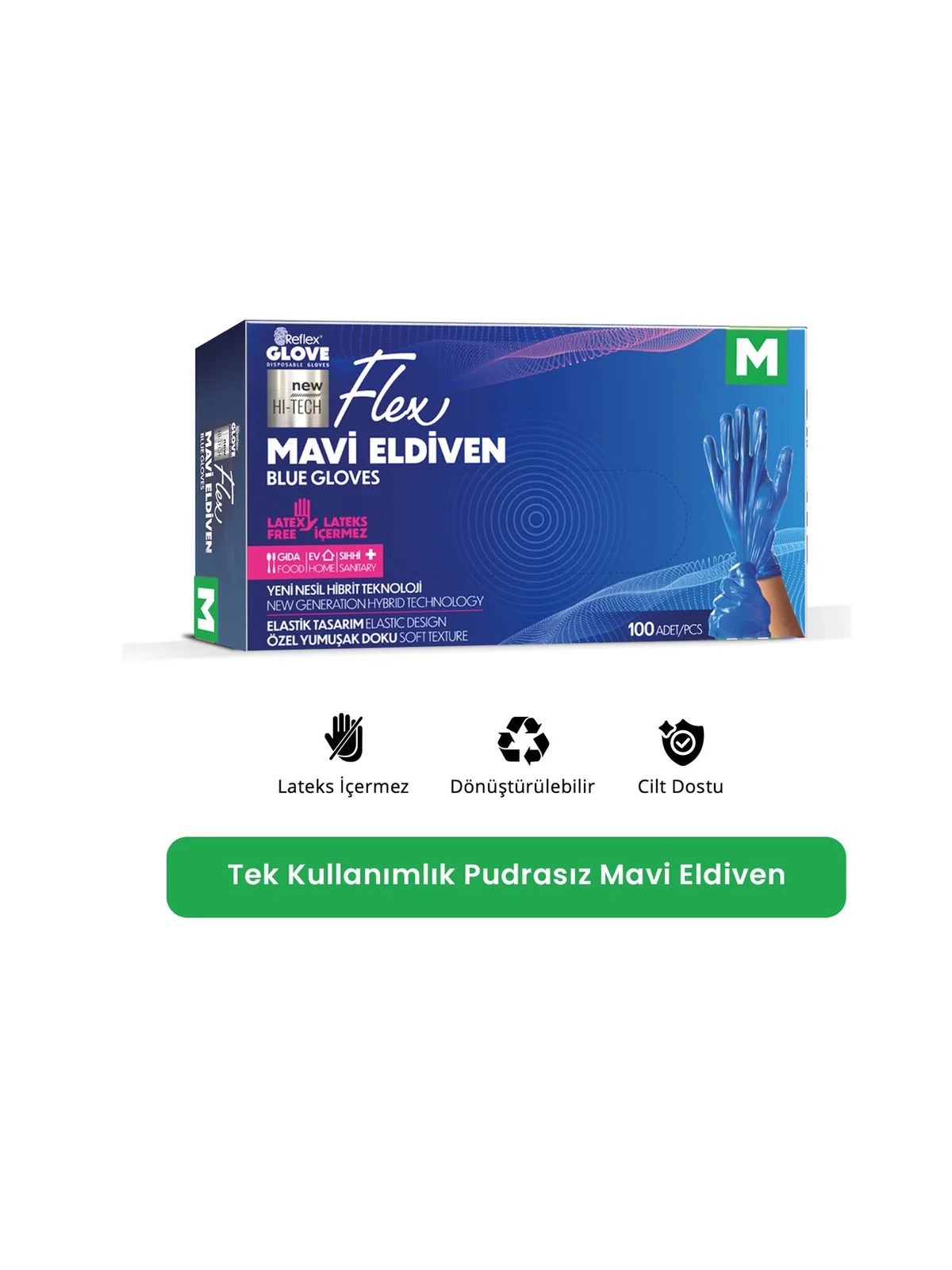 REFLEX FLEX M Beden Tek Kullanımlık Pudrasız Eldiven 100'lü Mavi