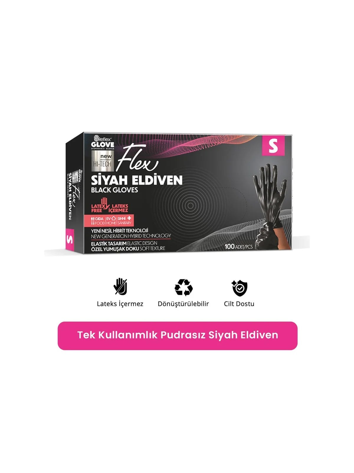 REFLEX FLEX S Beden Tek Kullanımlık Pudrasız Eldiven 100'lü Siyah