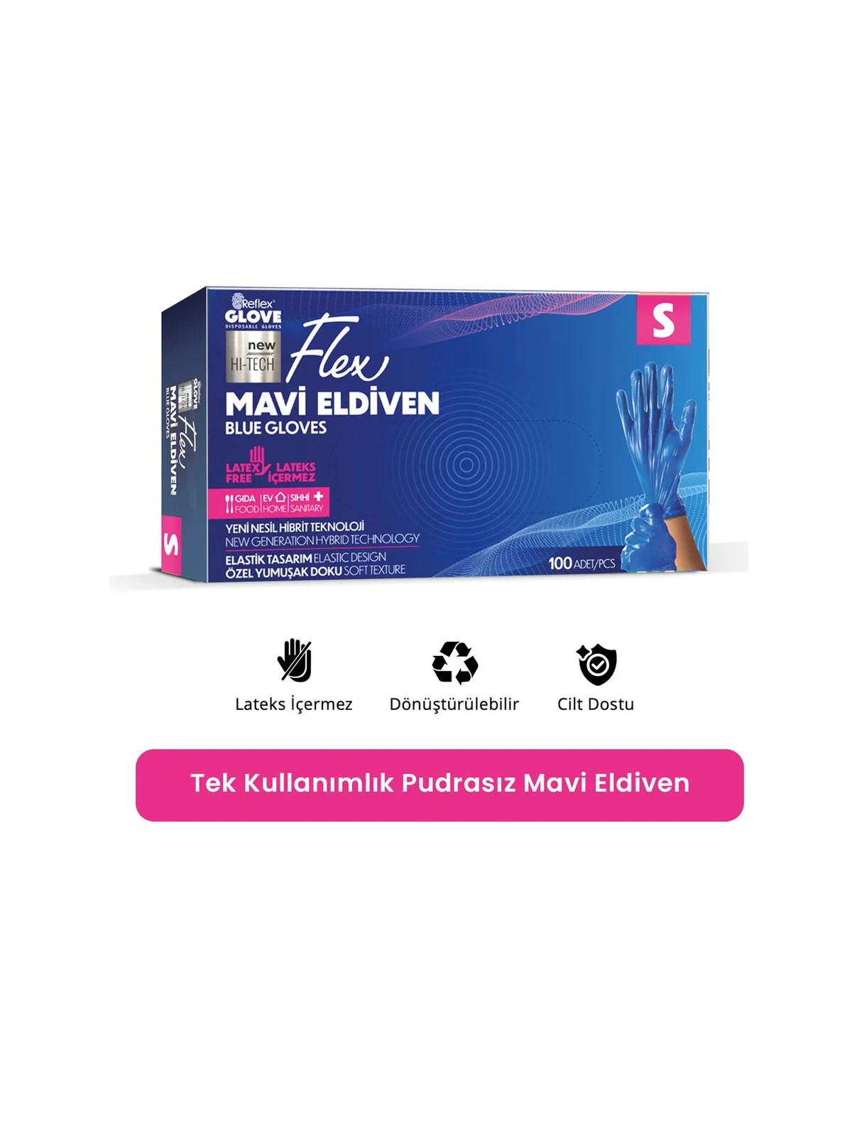 REFLEX FLEX S Beden Tek Kullanımlık Pudrasız Eldiven 100'lü Mavi